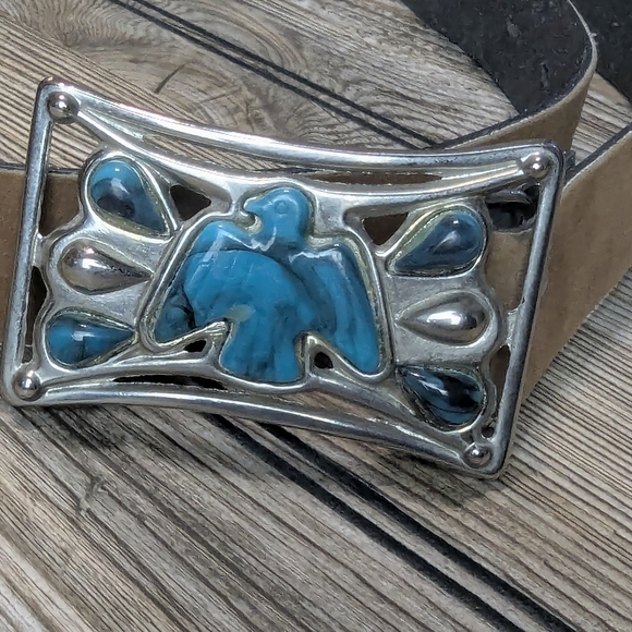 Unique Faux Turquoise Belt Buckle With Silver Backing Vintage - Picture 1 of 10